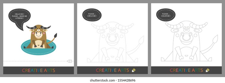 Fun Lessons for Kids - DIY! Set of cards for children's creativity. Original funny bull, character template for connecting by dots and silhouette for coloring - Vector