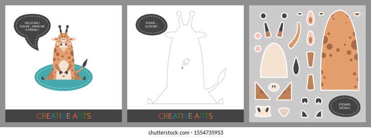 Fun Lessons for Kids - DIY. Set of cards for children's creativity. Original funny dear, template for character applique and set of stickers for sticking on a template - Vector