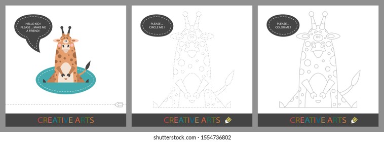 Fun Lessons for Kids - DIY. Set of cards for children's creativity. Original funny ram, character template for connecting by dots and silhouette for coloring - Vector
