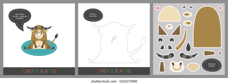Fun Lessons for Kids - DIY! Set of cards for children's creativity. Original funny bull, template for character applique and set of stickers for sticking on a template - Vector