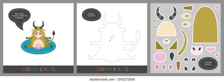 Fun Lessons for Kids - DIY! Set of cards for children's creativity. Original funny cow, template for character applique and set of stickers for sticking on a template - Vector