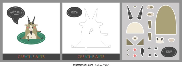 Fun Lessons for Kids - DIY! Set of cards for children's creativity. Original funny goat, template for character applique and set of stickers for sticking on a template - Vector