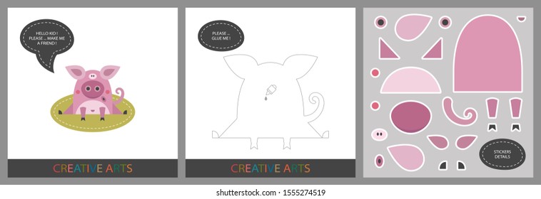 Fun Lessons for Kids - DIY! Set of cards for children's creativity. Original funny pig, template for character applique and set of stickers for sticking on a template - Vector
