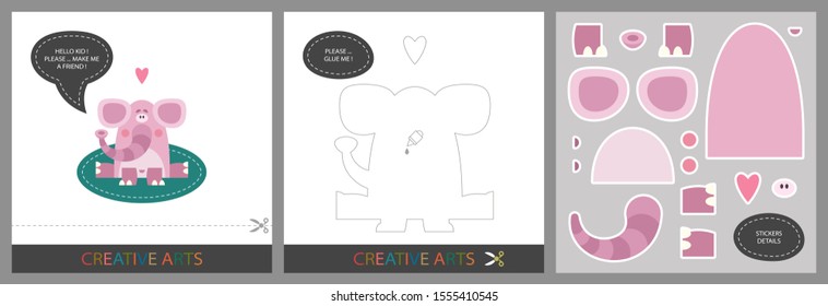 Fun Lessons for Kids - DIY. Set of cards for children's creativity. Original funny , template for character applique and set of stickers for sticking on a template - Vector