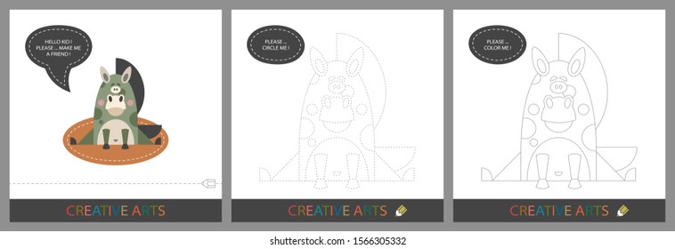 Fun Lessons for Kids - DIY. Set of cards for children's creativity. Original funny horse, character template for connecting by dots and silhouette for coloring - Vector