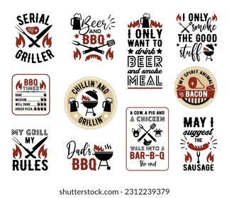 Cartas divertidas sobre parrilladas y barbacoa. Suscripciones para camiseta, afiche, tarjeta. Ilustraciones vectoriales