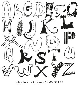 Fun lettering alphabet on white background. Different font for every letter. Cartoon style. Hand drawn illustration. Modern calligraphy and lettering.