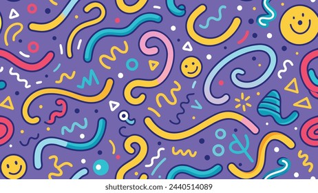 Fun line abstract doodle seamless pattern. Creative squiggle style drawing background for children or trendy design with basic shapes. Simple childish scribble wallpaper print