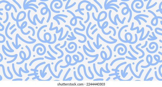 Fun line doodle seamless pattern. Creative abstract squiggle style drawing background for children or trendy design with basic shapes. Simple childish scribble wallpaper print.