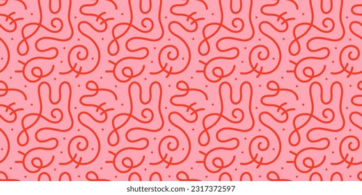 Fun line doodle seamless pattern. Creative abstract squiggle style drawing background for children or trendy design with basic shapes. Simple childish scribble wallpaper print.