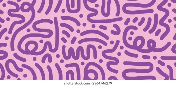 Fun line doodle seamless pattern for kids birthday party or celebration background, trendy design with scribble shapes on blue backdrop.