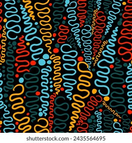 Fun line doodle seamless pattern on a black background. Creative abstract squiggle style drawing for children or trendy design with basic shapes. Simple childish scribble wallpaper print. Not AI