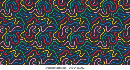 Fun line doodle seamless pattern. Creative abstract squiggle style drawing background for children or trendy design with basic shapes. Simple childish scribble wallpaper print. Vector stock background