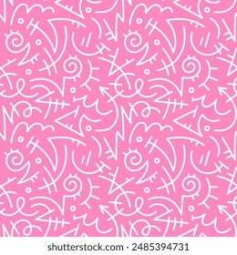 Fun line doodle seamless pattern. Creative abstract squiggle style drawing background for children or trendy design with basic shapes. Simple childish scribble wallpaper print.