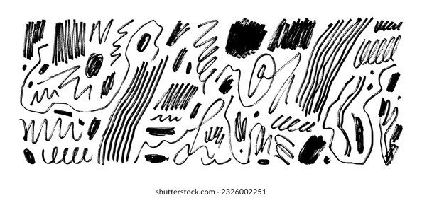 Fun Line Doodle, Squiggles und Schreib Set. Abstrakte Zeichnungen im Squiggle-Stil, handgezeichnete Markierschriften. Vektorschwarze Bleistiftskizzen, Kohlelinien, Markierungen und Punkte. Kinderraue Krabben