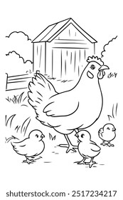 A fun line drawing of a chicken with her chicks on a farm, ideal for children's coloring books or educational materials about farm animals