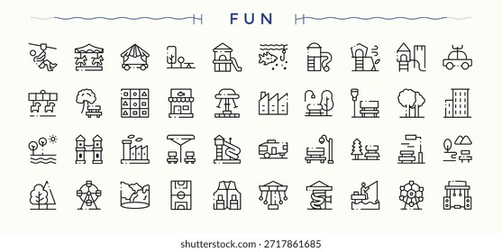 Conjunto de iconos de línea divertida. Iconos mínimos de moda. Juegos colección de iconos lineales. Con Ocio, carnaval, atracciones, parque y más.