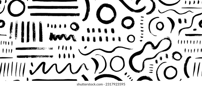 Fun lines doodle seamless pattern. Hand drawn curved brush strokes, circles and different geometric shapes. Simple childish scribble wallpaper. Memphis style geometric background or banner.