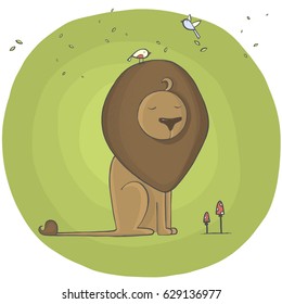 Fun lion. Vector illustration with fly agaric and birds.