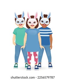 Fun little boys and girl in bunny face mask different poses collection. Easter children isolated vector illustration