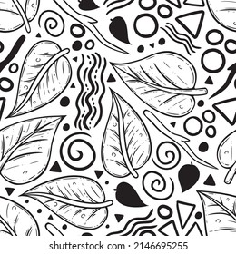 A fun little doodle to pattern design, which uses line art leaf and several shapes and form typically found in doodles. A cute and whimsical surface pattern design. A simple graphic design.