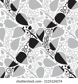 Ein lustiges kleines Doodle verwandelte sich in Musterdesign, das Linienblattmuster und verschiedene Formen und Formen verwendet, die typischerweise in Doodles zu finden sind. Ein süßes und skurriges Oberflächenmuster-Design.