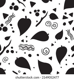 A fun little doodle-turned-into-pattern design, which uses line art leaf and several shapes and form typically found in doodles. A cute and whimsical surface pattern design. A simple graphic design.