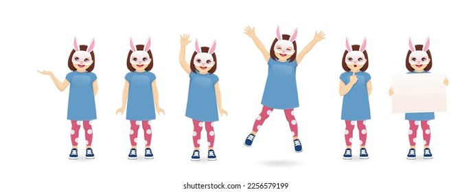 Fun little girl in bunny face mask different poses collection. Easter isolated vector illustration