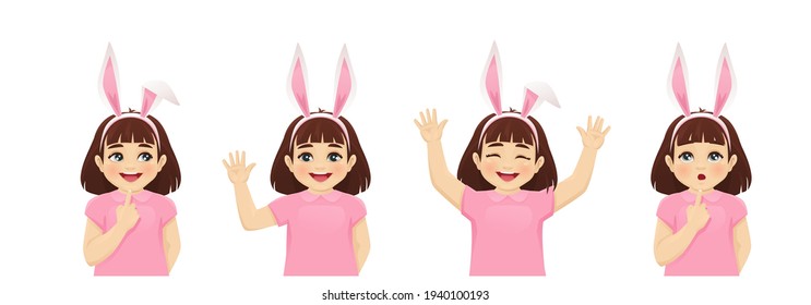 Fun little girl in bunny headband collection isolated vector illustration