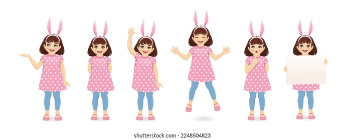 Fun little girl in bunny headband and pink dress different poses collection. Easter isolated vector illustration
