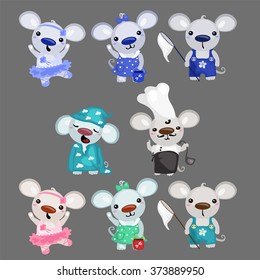 Fun little mice are working and having fun. Vector.