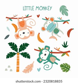 Un divertido conjunto de lindas ilustraciones vectoriales de monos.
Monos colgantes y cambiantes.
Se incluyen elementos adicionales de la jungla.
Creado en una paleta de colores alegre y divertida, ideal para los niños.