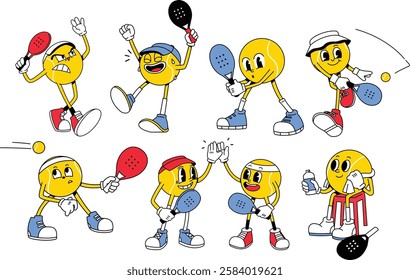 A fun and lively cartoon-style illustration of a padel ball character in action, featuring rackets, expressive faces, and dynamic movements. Great for padel clubs, sports branding