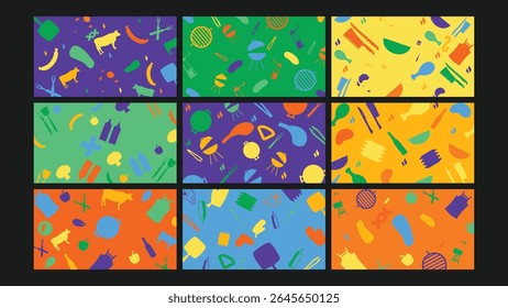Fun and lively design filled with drink icons, straws, citrus slices, and blenders. Perfect for summer beverage branding or tropical party themes.