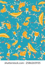 a fun, lively pattern with an orange cat, tangy orange ice cream, piece of orange, and tiny flowers. Perfect for food packaging, wrapping paper or stationery.