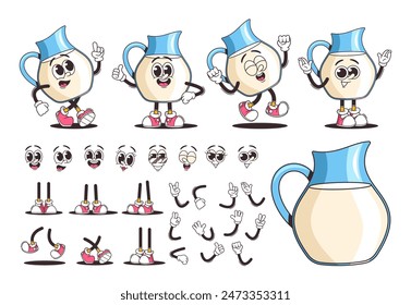 Fun And Lively Retro Cartoon Dairy Milk Jug Character With Various Facial Expressions, Limbs, And Accessories