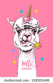 Fun Llama in a ice cream party hat, and with a star on a pink background. Hello Llamacorn - lettering quote. Happy bithday humor card, t-shirt composition, hand drawn style print. Vector illustration.