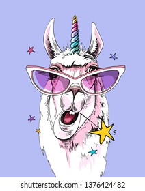 Fun Llama in a pink glasses, with a rainbow unicorn horn and with a star on a lilac background. Humor card, t-shirt composition, hand drawn style print. Vector illustration.