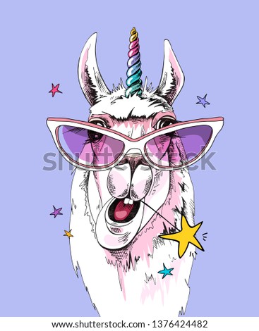 Fun Llama in a pink glasses, with a rainbow unicorn horn and with a star on a lilac background. Humor card, t-shirt composition, hand drawn style print. Vector illustration.