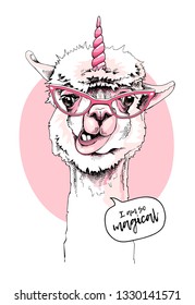 Fun Llama in a pink glasses and with a unicorn horn. I am so magical - lettering quote. Humor card, t-shirt composition, hand drawn style print. Vector illustration.