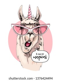 Fun Llama in a pink glasses, with a unicorn horn. I am so magical - lettering quote. Humor card, t-shirt composition, hand drawn style print. Vector illustration.