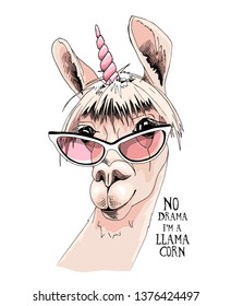 Fun Llama in a pink glasses, with a unicorn horn. No drama, i'm llamacorn - lettering quote. Humor card, t-shirt composition, hand drawn style print. Vector illustration.