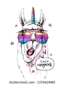 Fun Llama in a unicorn mask: rainbow glasses and horn. I am so magical - lettering quote. Humor card, t-shirt composition, hand drawn style print. Vector illustration.