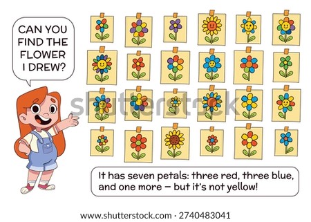 Fun logic puzzle for kids: find the flower with 7 petals—three red, three blue, and one of another color (but not yellow). Educational visual riddle with cute cartoon girl and flowers. Find the Match.