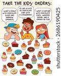 Fun logic puzzle for kids: read each child’s dessert order and find the matching sweet treat. Great for attention, deduction, and visual thinking activities. Find the Match. Find by Clues. Spot it. 