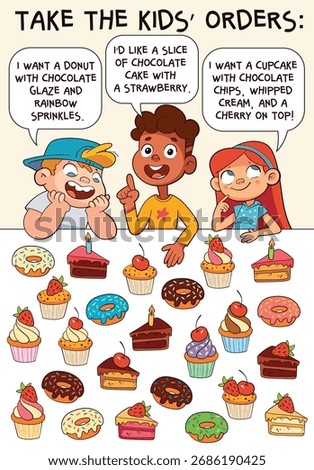 Fun logic puzzle for kids: read each child’s dessert order and find the matching sweet treat. Great for attention, deduction, and visual thinking activities. Find the Match. Find by Clues. Spot it. 