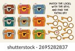 Fun logic puzzle for kids with treasure chests and keys. Match each key to the correct lock and find the one that doesn’t fit. Educational printable activity for children. Match and find the extra key