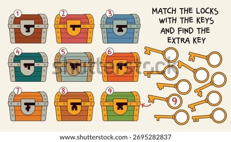 Fun logic puzzle for kids with treasure chests and keys. Match each key to the correct lock and find the one that doesn’t fit. Educational printable activity for children. Match and find the extra key