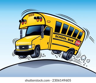 Fun looking school bus that is speeding down the road and bouncing up off the pavement.