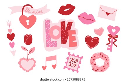 Fun love concept stickers set. Trendy flat design illustration with heart lock, rose, lips, hearts, sweets, envelope and other romantic symbols